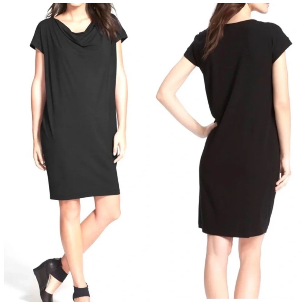EILEEN‎ FISHER Petite Jersey Shift Dress Size PP Black Sustainable Minimalist